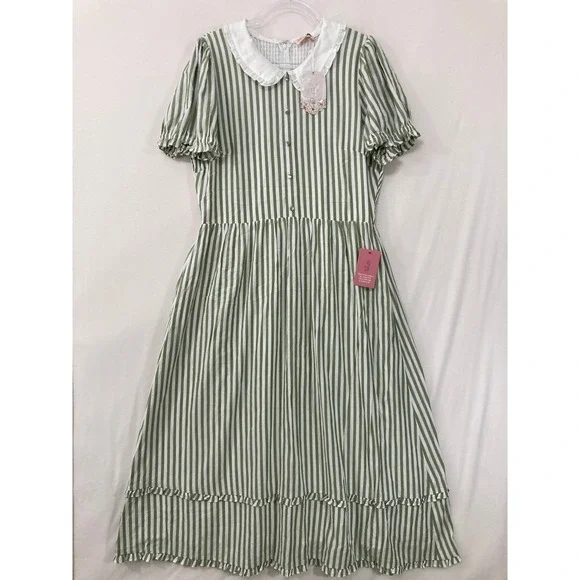 New Ivy City Kensie Dress XL Green Striped Peter Pan Collar Cottagecore Maxi - Picture 2 of 12